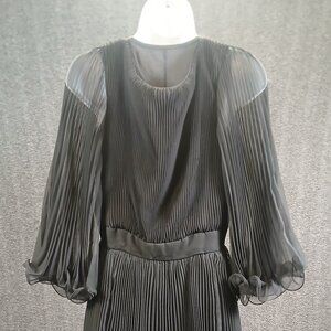 Vintage Miss Elliette Pleated Chiffon Dress with Sheer Sleeves & Ruffled Hem
